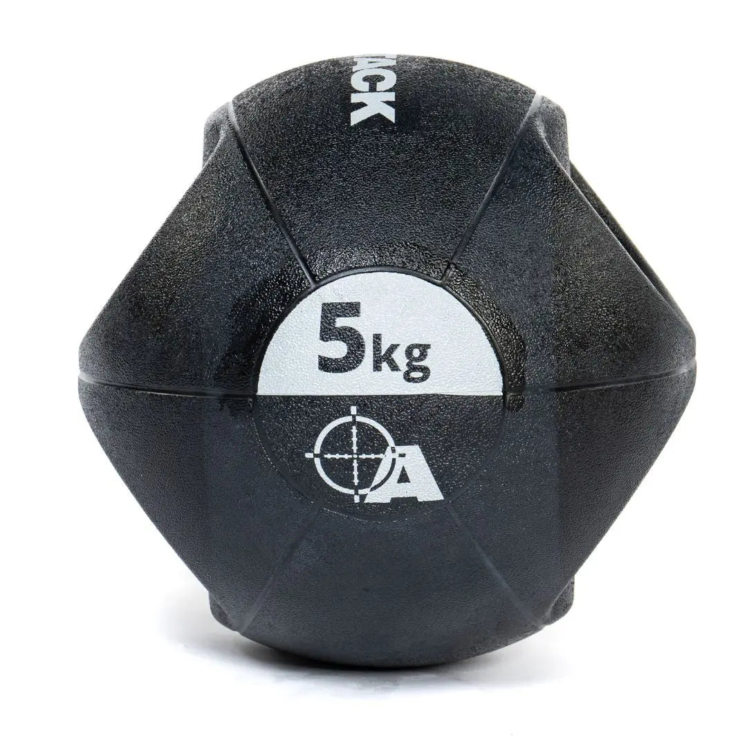 Attack Fitness Double Grip Medicine Ball (3kg) in black features two large side handles, a textured surface, white text, and target graphic—ideal for functional fitness, core strength, and power training.