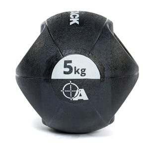 Attack Fitness Double Grip Medicine Ball (3kg) in black features two large side handles, a textured surface, white text, and target graphic—ideal for functional fitness, core strength, and power training.