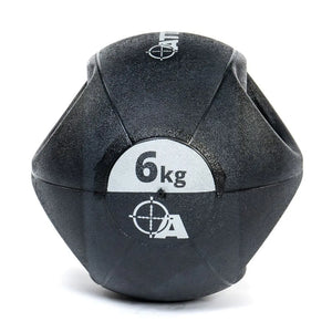 Attack Fitness Double Grip Medicine Ball (3kg) in black features two large side handles, a textured surface, white text, and target graphic—ideal for functional fitness, core strength, and power training.