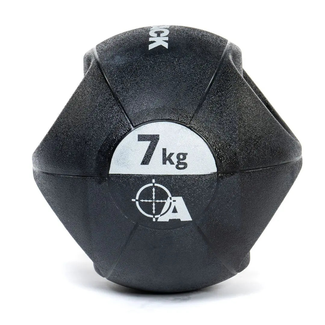Attack Fitness Double Grip Medicine Ball (3kg) in black features two large side handles, a textured surface, white text, and target graphic—ideal for functional fitness, core strength, and power training.