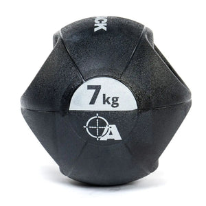 Attack Fitness Double Grip Medicine Ball (3kg) in black features two large side handles, a textured surface, white text, and target graphic—ideal for functional fitness, core strength, and power training.
