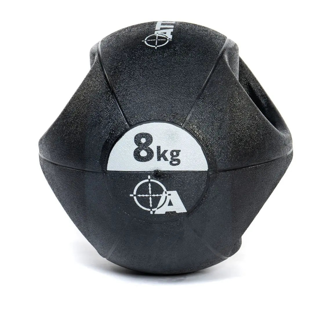 Attack Fitness Double Grip Medicine Ball (3kg) in black features two large side handles, a textured surface, white text, and target graphic—ideal for functional fitness, core strength, and power training.