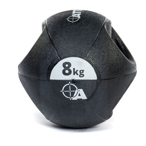 Attack Fitness Double Grip Medicine Ball (3kg) in black features two large side handles, a textured surface, white text, and target graphic—ideal for functional fitness, core strength, and power training.