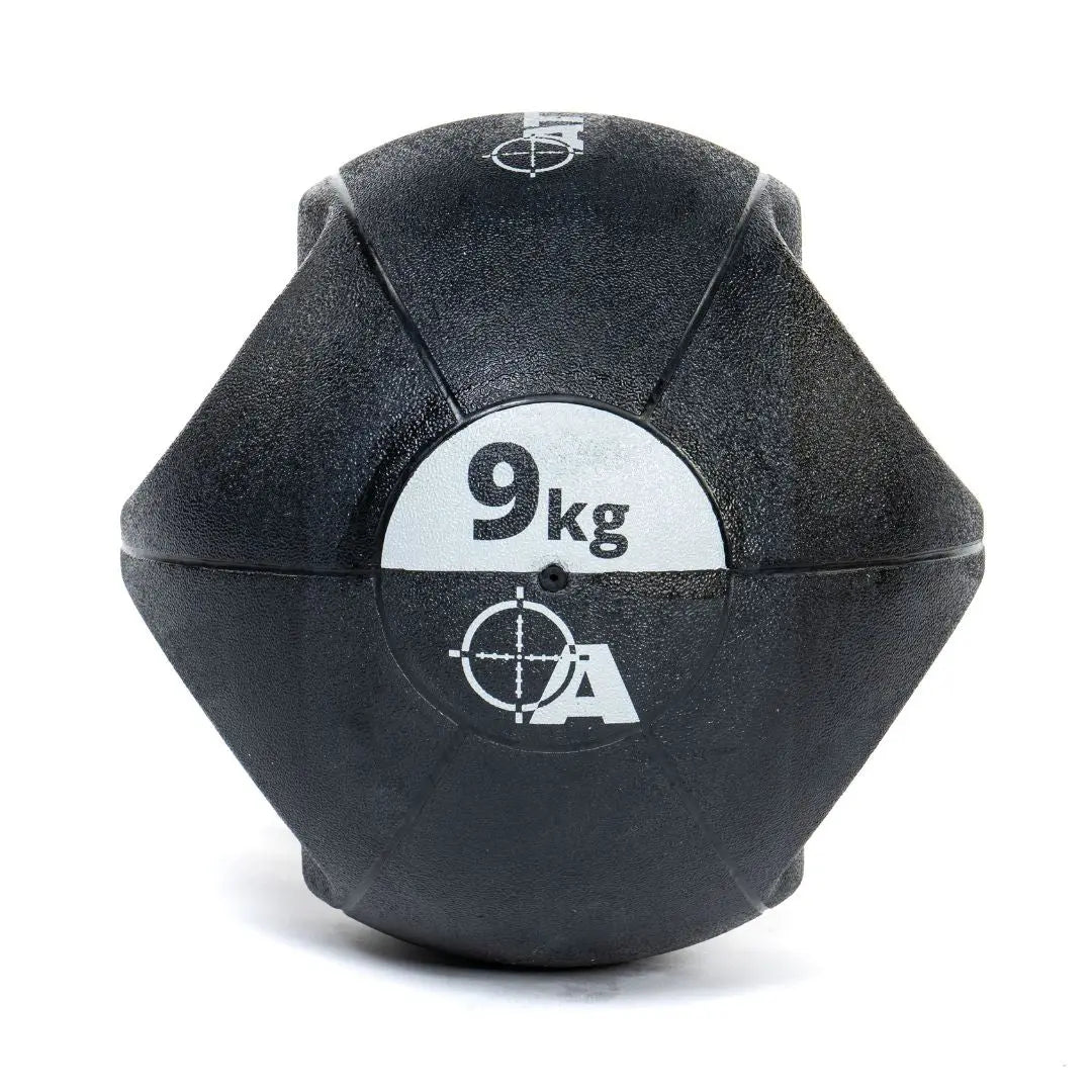 Attack Fitness Double Grip Medicine Ball (3kg) in black features two large side handles, a textured surface, white text, and target graphic—ideal for functional fitness, core strength, and power training.