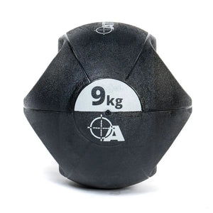 Attack Fitness Double Grip Medicine Ball (3kg) in black features two large side handles, a textured surface, white text, and target graphic—ideal for functional fitness, core strength, and power training.