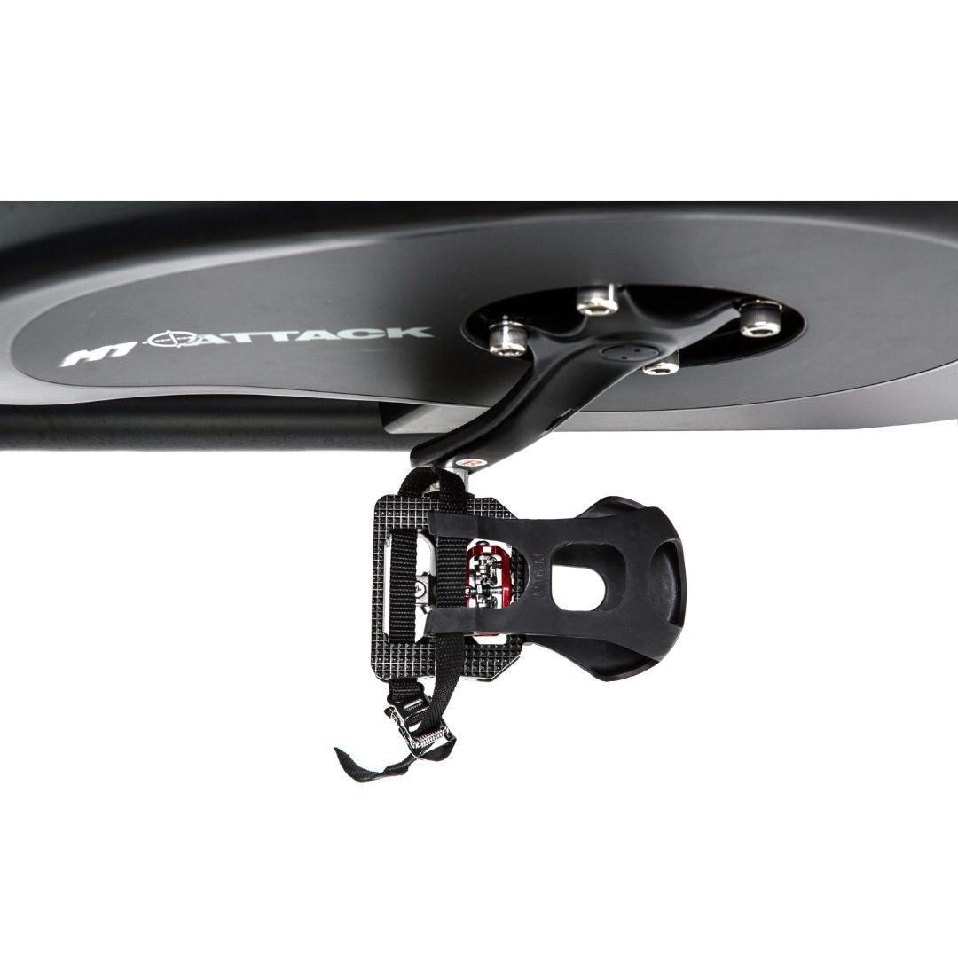 The ATTACK FITNESS -Spin Attack M1 by Attack Fitness is a sleek black indoor cycling bike on a white background. It features magnetic resistance, a digital display on the handlebars, an adjustable seat, and pedals with straps, showcasing its modern, commercial-grade fitness design.