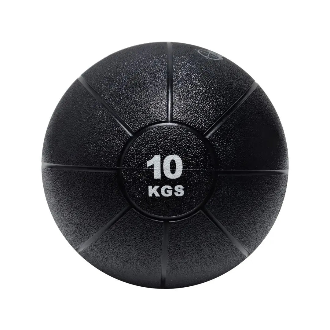 An Attack Fitness Medicine Ball (8kg) in black, featuring a textured surface and grooves with white 8 KGS text at the center, ideal for power, strength & functional training, shown from above on a white background.