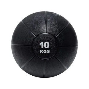An Attack Fitness Medicine Ball (8kg) in black, featuring a textured surface and grooves with white 8 KGS text at the center, ideal for power, strength & functional training, shown from above on a white background.