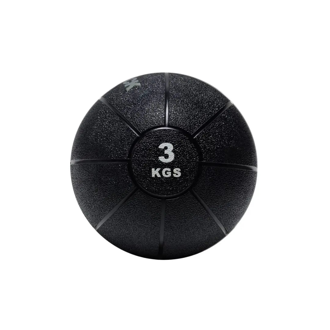 An Attack Fitness Medicine Ball (8kg) in black, featuring a textured surface and grooves with white 8 KGS text at the center, ideal for power, strength & functional training, shown from above on a white background.