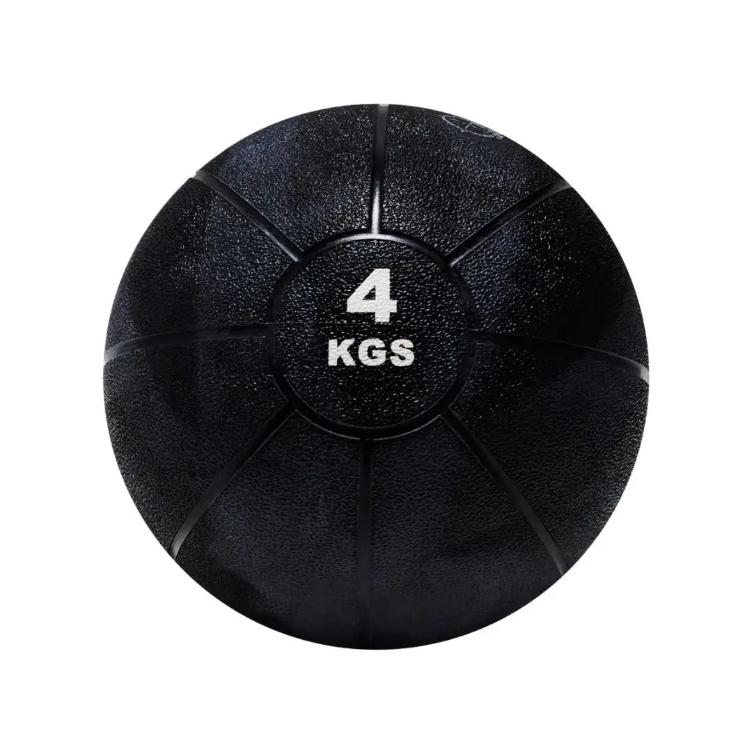 An Attack Fitness Medicine Ball (8kg) in black, featuring a textured surface and grooves with white 8 KGS text at the center, ideal for power, strength & functional training, shown from above on a white background.