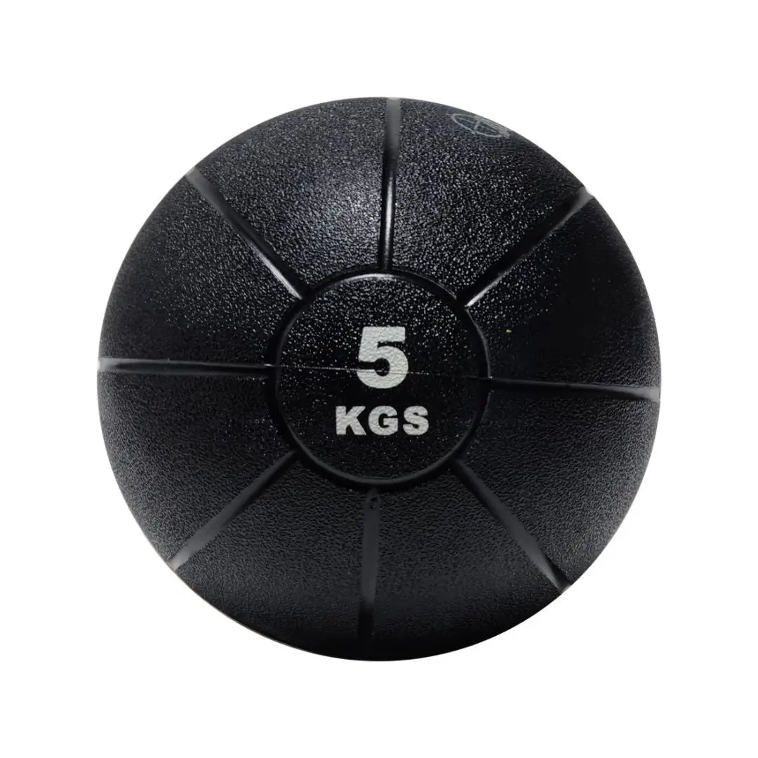 An Attack Fitness Medicine Ball (8kg) in black, featuring a textured surface and grooves with white 8 KGS text at the center, ideal for power, strength & functional training, shown from above on a white background.