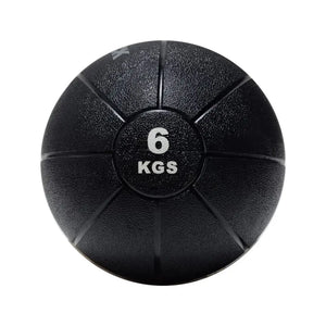 An Attack Fitness Medicine Ball (8kg) in black, featuring a textured surface and grooves with white 8 KGS text at the center, ideal for power, strength & functional training, shown from above on a white background.