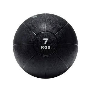 An Attack Fitness Medicine Ball (8kg) in black, featuring a textured surface and grooves with white 8 KGS text at the center, ideal for power, strength & functional training, shown from above on a white background.