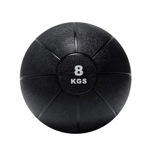 An Attack Fitness Medicine Ball (8kg) in black, featuring a textured surface and grooves with white 8 KGS text at the center, ideal for power, strength & functional training, shown from above on a white background.