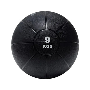 An Attack Fitness Medicine Ball (8kg) in black, featuring a textured surface and grooves with white 8 KGS text at the center, ideal for power, strength & functional training, shown from above on a white background.