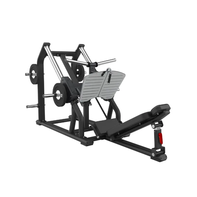 The ATTACK STRENGTH Plate Loaded Leg Press 45° by Attack Fitness is a black and silver heavy-duty lower body machine with a large footplate and padded seat, ideal for effective gym training.