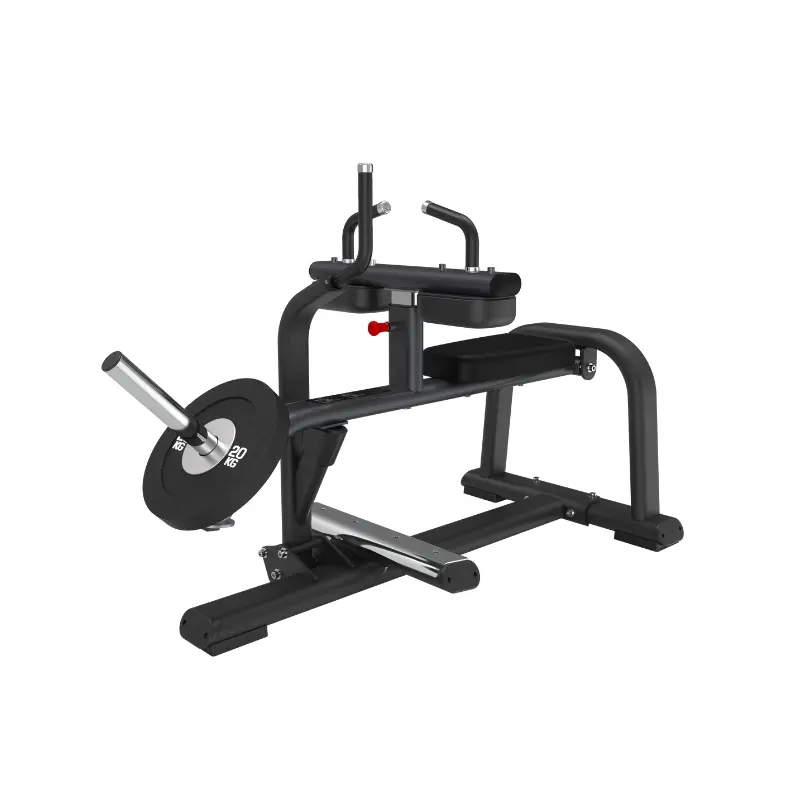 The ATTACK STRENGTH Plate Loaded Seated Calf Raise by Attack Fitness is a black commercial calf training machine with a padded seat, foot platform, and weight loading bar fitted with a 25 kg plate, shown on a white background.