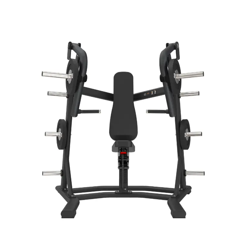 The ATTACK STRENGTH Plate Loaded Chest Press – Ergonomic Converging Motion by Attack Fitness is a black chest press machine with weight plate holders on both sides, ideal for gym strength training and upper body power building.