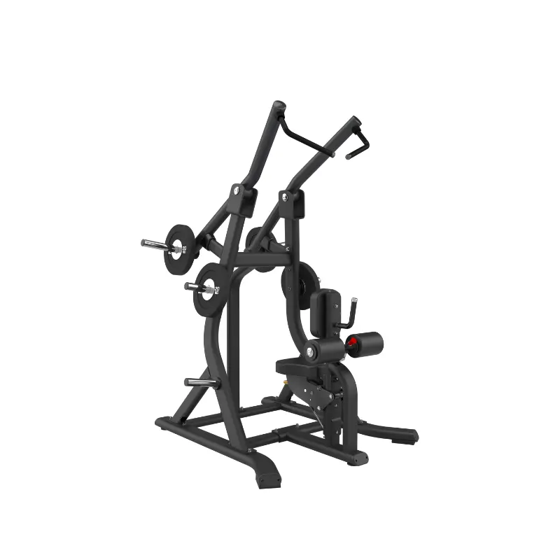 The ATTACK STRENGTH Plate Loaded Front Pulldown by Attack Fitness is a black, metal lat isolation machine with angled handles, padded seat, and footrests for upper body workouts; commercial gym equipment shown on a white background.