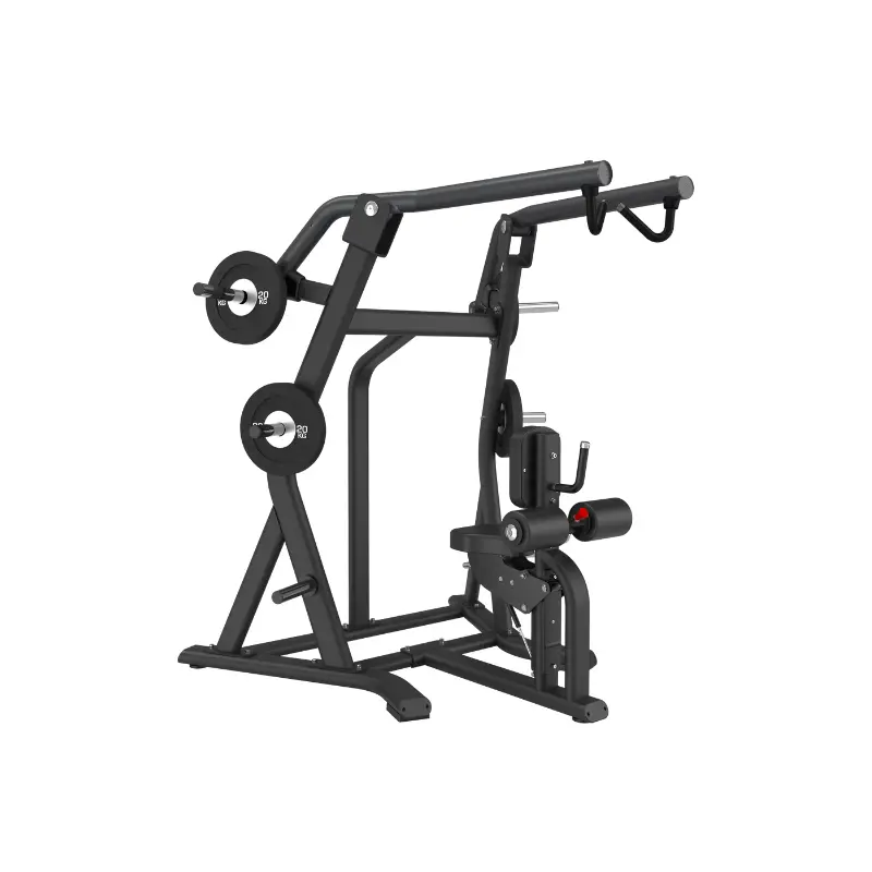 The ATTACK STRENGTH Plate Loaded High Row – Diverging Motion Back Machine by Attack Fitness is a black gym machine for upper body workouts, featuring handles, padded seat and back support, with weight plates on each side.