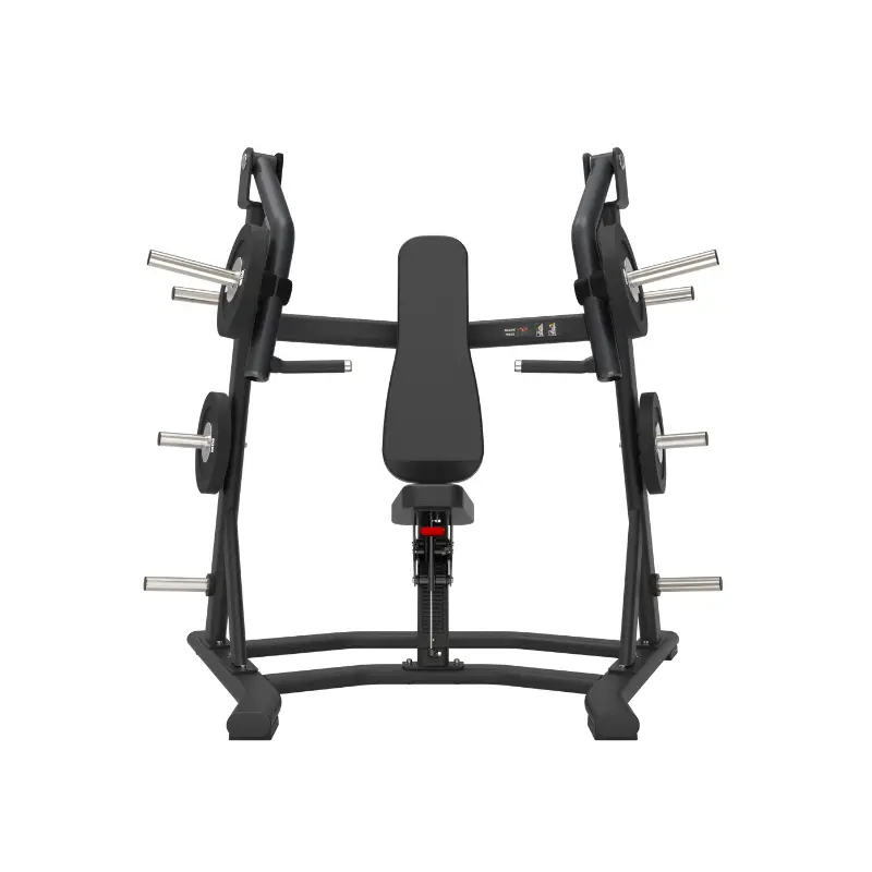 The ATTACK STRENGTH Plate Loaded Incline Chest Press by Attack Fitness is a black, adjustable commercial bench with multiple bar holders and weight plate storage pegs for upper chest and delts workouts, shown front-facing on a white background.