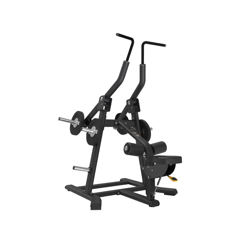 The ATTACK STRENGTH Plate Loaded Lat Pulldown – Commercial Back Builder by Attack Fitness is a black lat pulldown machine with two handles, padded seat and back support, sturdy metal frame, and side weight storage pegs for upper body workouts.