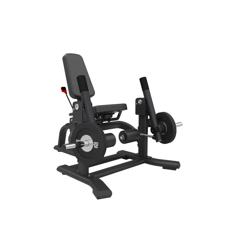 The ATTACK STRENGTH Plate Loaded Leg Extension by Attack Fitness is a black commercial quad machine with a padded seat and backrest, adjustable weights, handles, foot pads, and plate loaded capability on a sturdy base.
