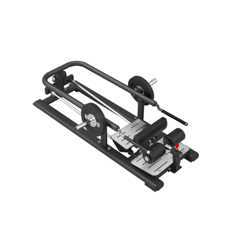The ATTACK STRENGTH Plate Loaded Lunge – Quad Isolation Machine by Attack Fitness is a black and silver commercial gym unit with weights and padded supports, designed for quad-focused training, shown on a white background.