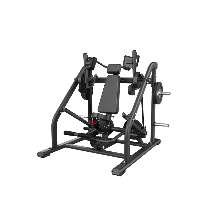 The ATTACK STRENGTH Plate Loaded Pullover by Attack Fitness is a black, multi-functional gym machine for full upper body engagement, featuring padded seat, backrest, arm pads, handles, weight storage pegs, and footrests—ideal for commercial gyms.