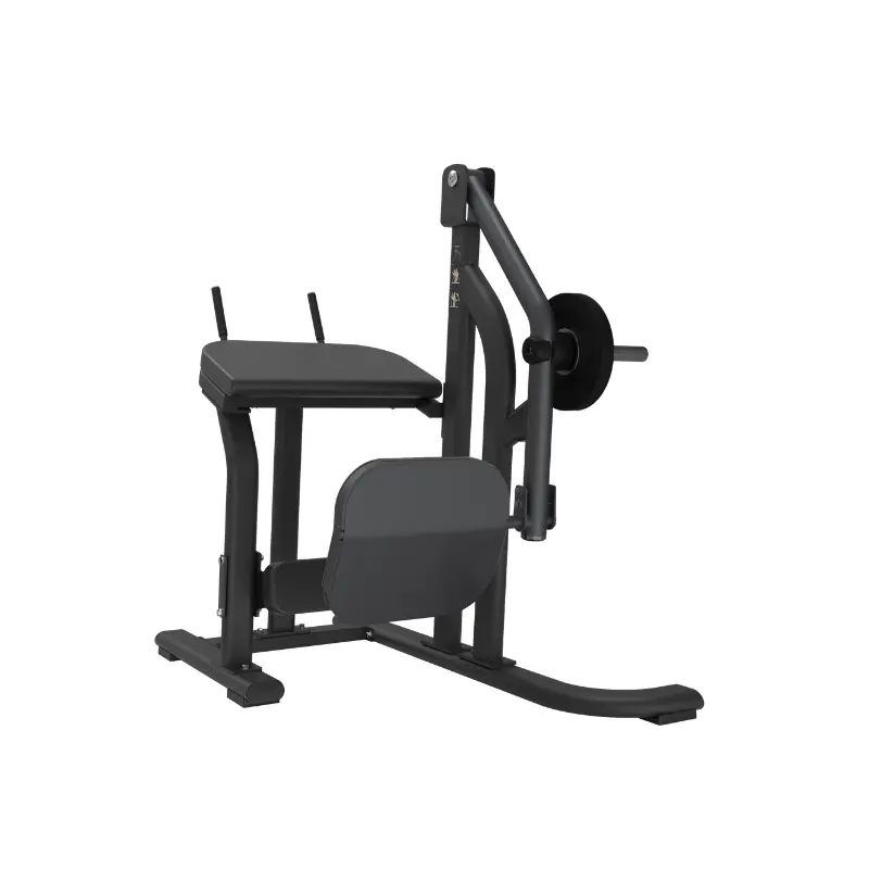 The ATTACK STRENGTH Plate Loaded Rear Kick by Attack Fitness is a black and gray glute and hamstring isolation machine with a padded seat, armrest, handles, and weight plate, set against a white background.