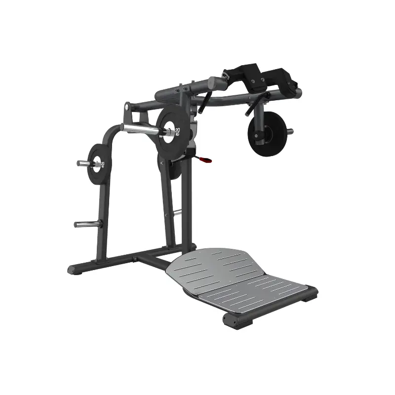The ATTACK STRENGTH Plate Loaded Squat – Glute & Quad Isolator by Attack Fitness is a black and silver machine with a slanted footplate and padded shoulder supports, designed for targeted quad and glute activation, shown on a white background.