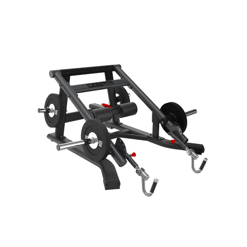 The ATTACK STRENGTH Plate Loaded Squat/Lunge by Attack Fitness is a black, padded, multi-function leg training machine with attached weight plates, angled bars, and handles—ideal for commercial lower body workouts.
