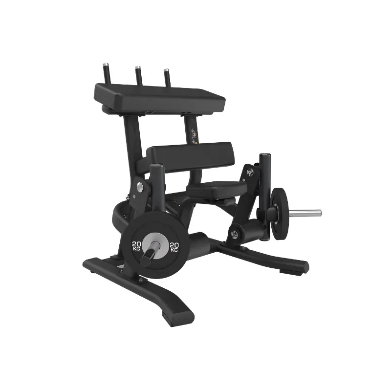 The ATTACK STRENGTH Plate Loaded Standing Leg Curl by Attack Fitness is a black, padded commercial hamstring machine with weight plate holders, handles, and footrests on a sturdy metal frame for targeted strength training.