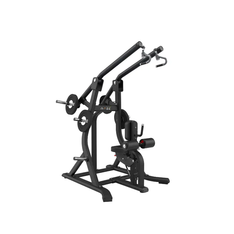The ATTACK STRENGTH Plate Loaded Universal Front Pulldown Machine by Attack Fitness features RO-T8 rotating handles, padded seat and backrest, and weight plate holders—ideal for upper body exercises like lat pulldowns and rows.