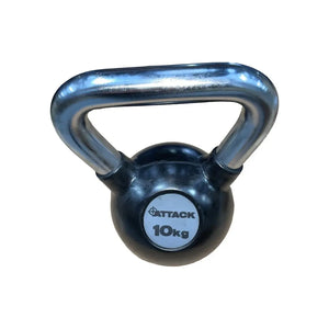The Attack Fitness Chrome Handle Rubber Kettlebell, shown here in black with a chrome handle and 24kg label, is set against a plain white background.