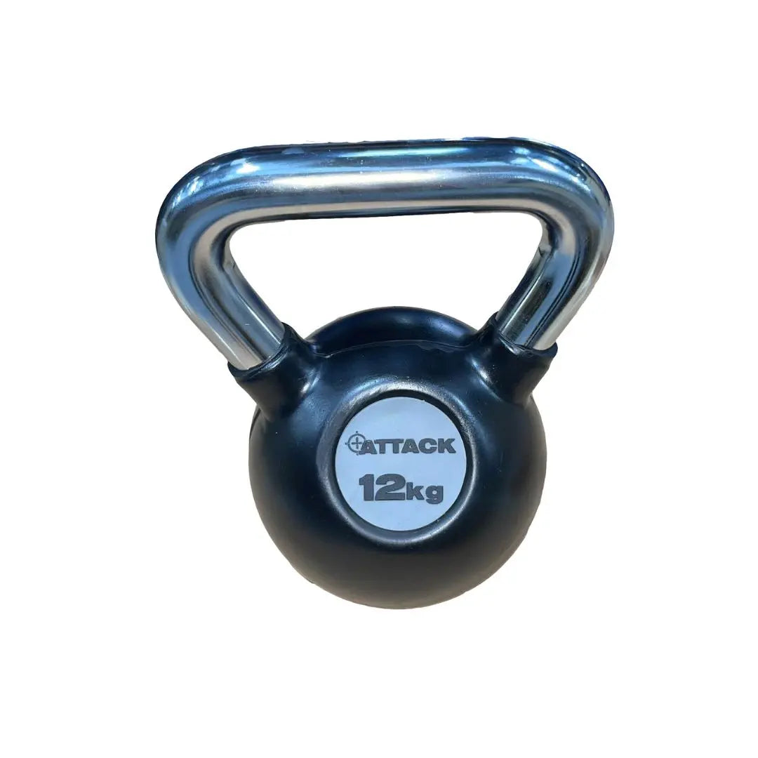 The Attack Fitness Chrome Handle Rubber Kettlebell, shown here in black with a chrome handle and 24kg label, is set against a plain white background.