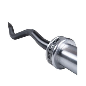 A close-up of the Attack Fitness Olympic EZ Curl Bar – Cerakote Black, highlighting its curved design and Cerakote Black finish, shown from above with the bar’s curves extending outward.