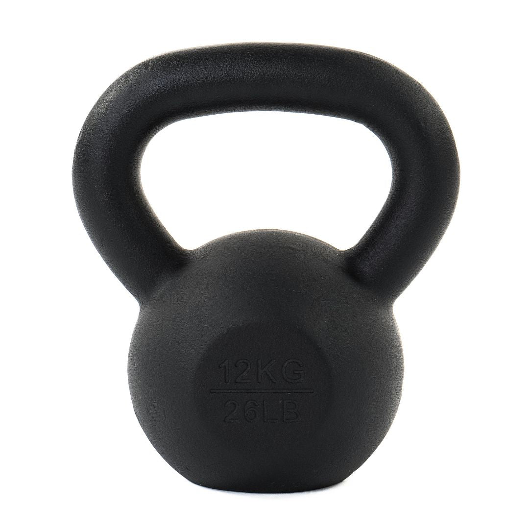 The ATTACK Fitness Cast Iron Kettlebell, weighing 4 kg/9 lbs, is displayed on a white background. Its ergonomic handle ensures a comfortable grip, perfect for functional strength training.