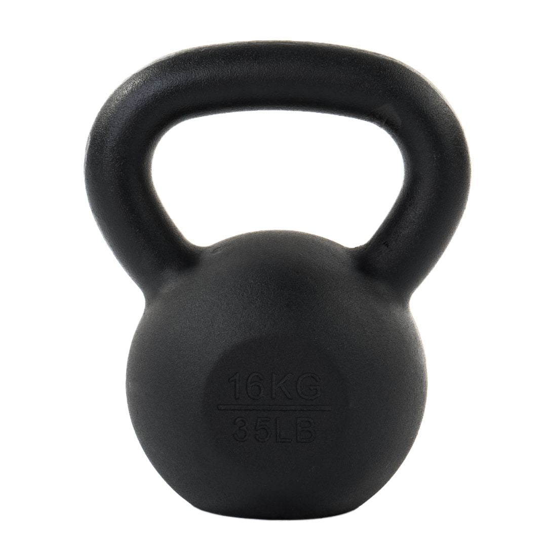 The ATTACK Fitness Cast Iron Kettlebell, weighing 4 kg/9 lbs, is displayed on a white background. Its ergonomic handle ensures a comfortable grip, perfect for functional strength training.