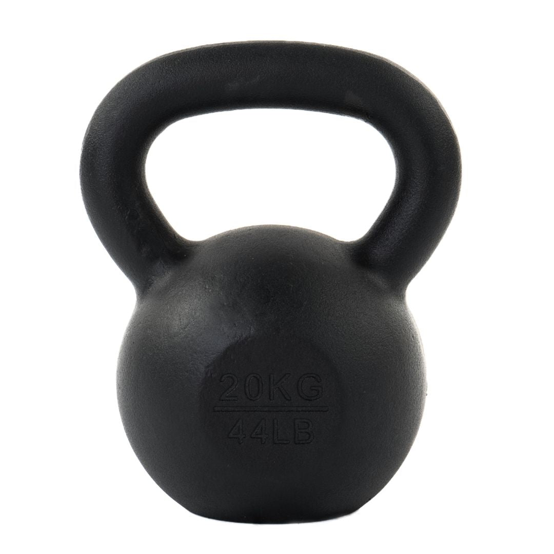 The ATTACK Fitness Cast Iron Kettlebell, weighing 4 kg/9 lbs, is displayed on a white background. Its ergonomic handle ensures a comfortable grip, perfect for functional strength training.