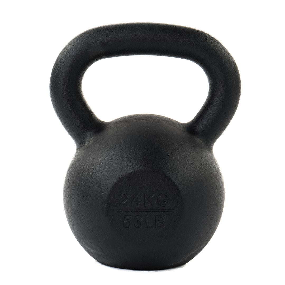 The ATTACK Fitness Cast Iron Kettlebell, weighing 4 kg/9 lbs, is displayed on a white background. Its ergonomic handle ensures a comfortable grip, perfect for functional strength training.