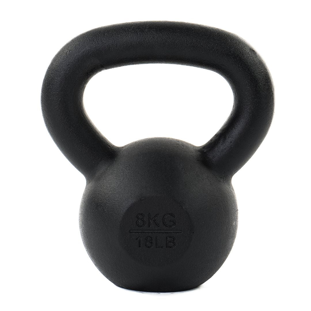 The ATTACK Fitness Cast Iron Kettlebell, weighing 4 kg/9 lbs, is displayed on a white background. Its ergonomic handle ensures a comfortable grip, perfect for functional strength training.