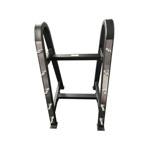 Black metal fixed barbell rack on a white background
