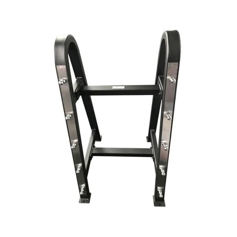 Black metal fixed barbell rack on a white background