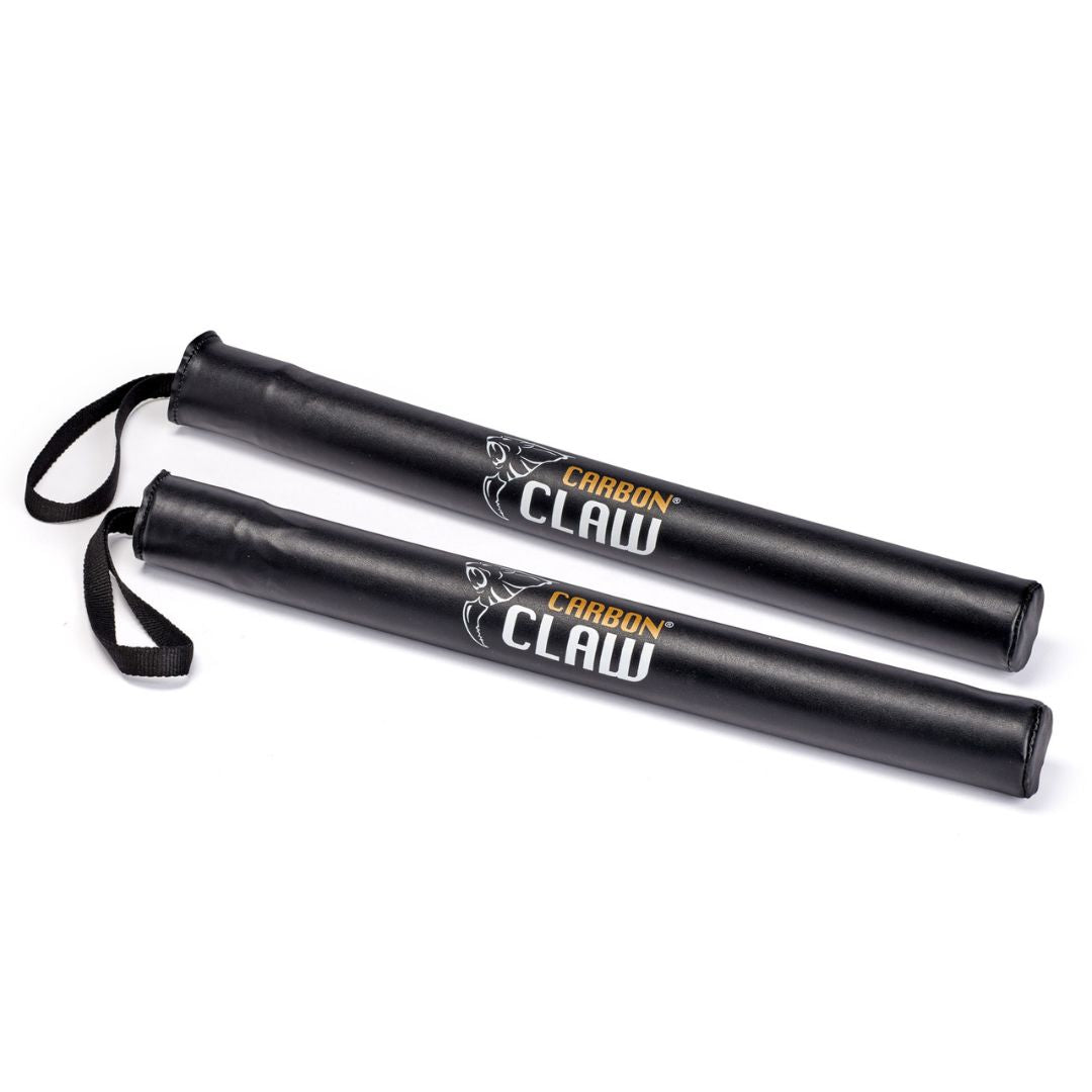 Two sleek black CARBON CLAW - RECOIL RB-7 coaching sticks, crafted from lightweight foam with wrist straps for easy handling, lie parallel on a pristine white background.