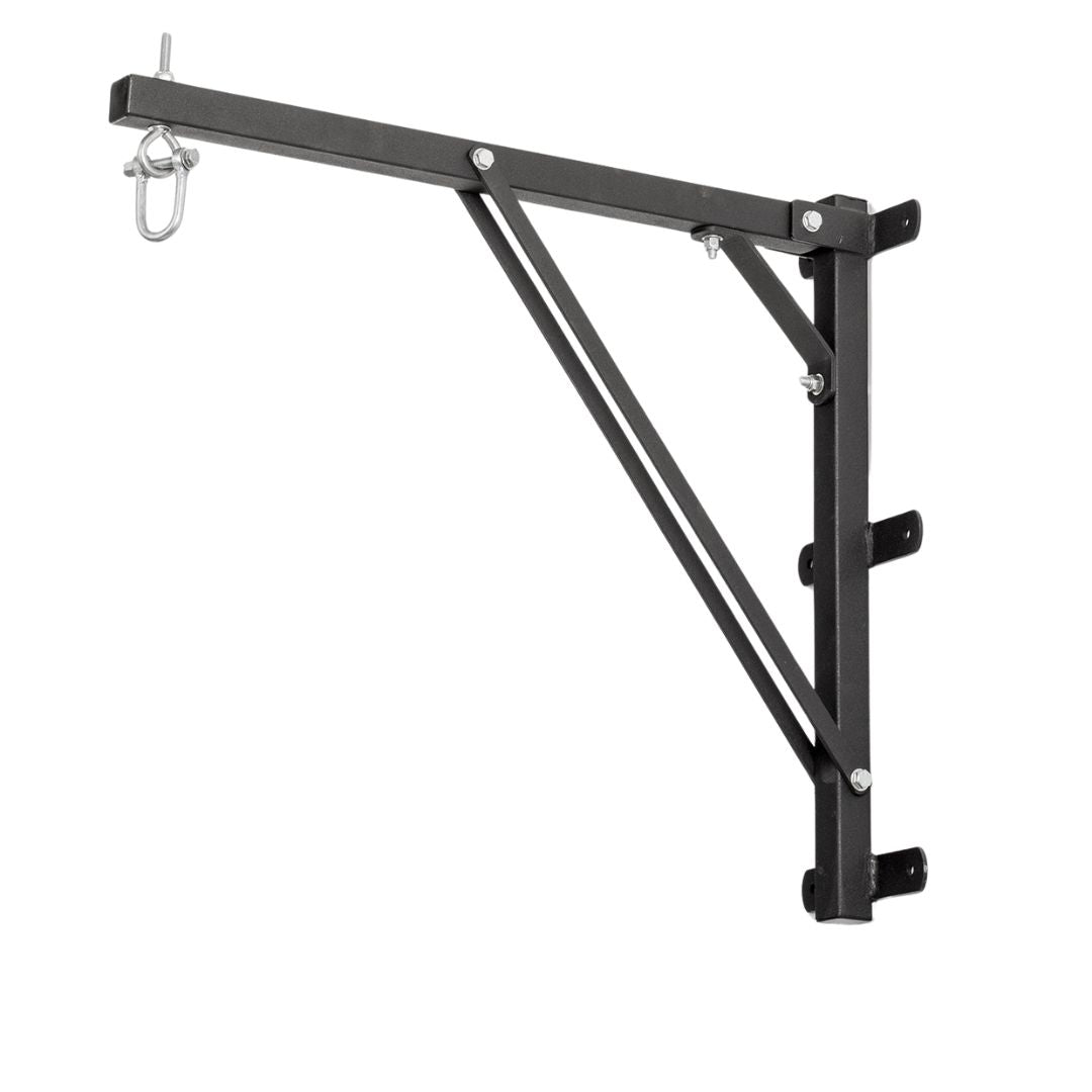 The CARBON CLAW Punch Bag Wall Bracket 30 features durable black metal construction, a triangular support structure, and a hook attachment. Its designed for gym equipment and is space-saving, making it ideal for compact areas. Displayed on a plain white background.