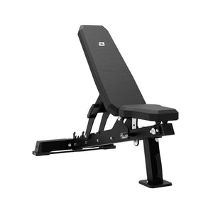 The Exigo EXIGO Adjustable Bench 2.0 – FID Weight Bench features a black padded seat and backrest, sturdy metal frame, and support bar. This premium adjustable bench by Exigo is ideal for strength training, shown against a white background.