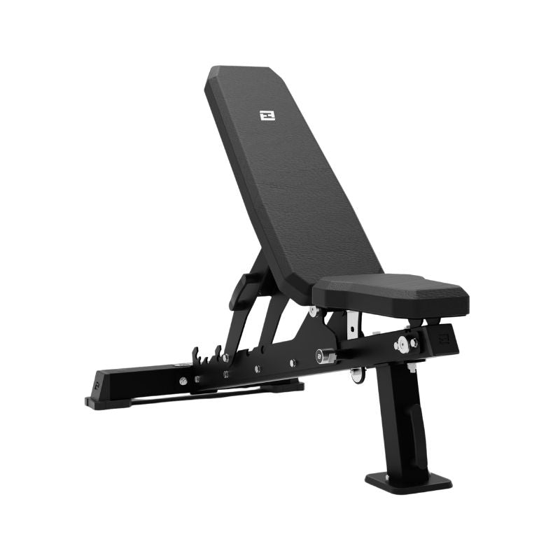 The Exigo EXIGO Adjustable Bench 2.0 – FID Weight Bench features a black padded seat and backrest, sturdy metal frame, and support bar. This premium adjustable bench by Exigo is ideal for strength training, shown against a white background.