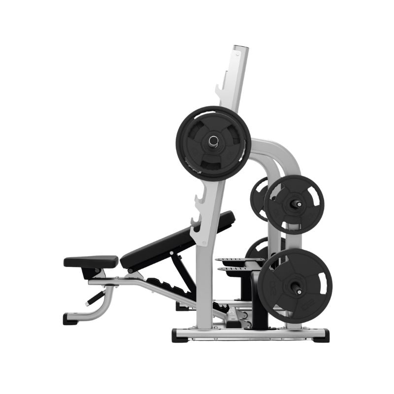 Side view of the Exigo Adjustable Olympic Bench – Commercial Barbell Bench, featuring a padded seat/backrest and loaded black weight plates on a silver rack—ideal for barbell training in any gym. Brand: Exigo.