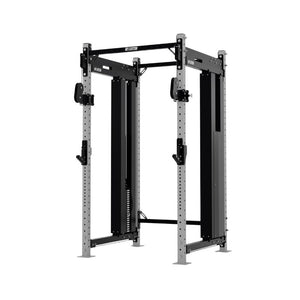 The Exigo X70 Cable Power Rack by Exigo is a commercial-grade rack with adjustable safety bars and hooks, a sturdy black and gray metal frame, and an integrated cable system for weightlifting and strength training.